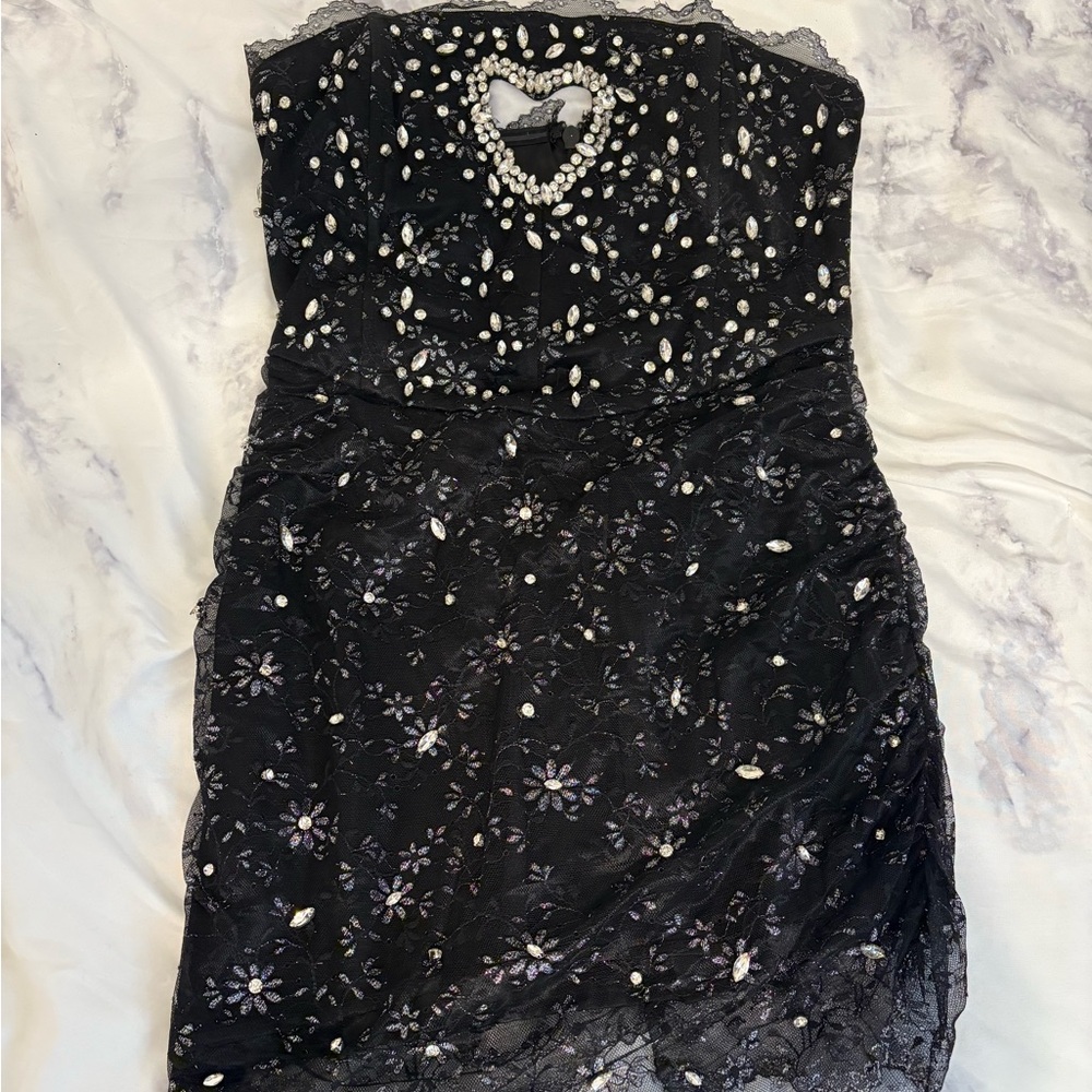 Finesse Black and Silver Strapless Sheath Cocktail Dress